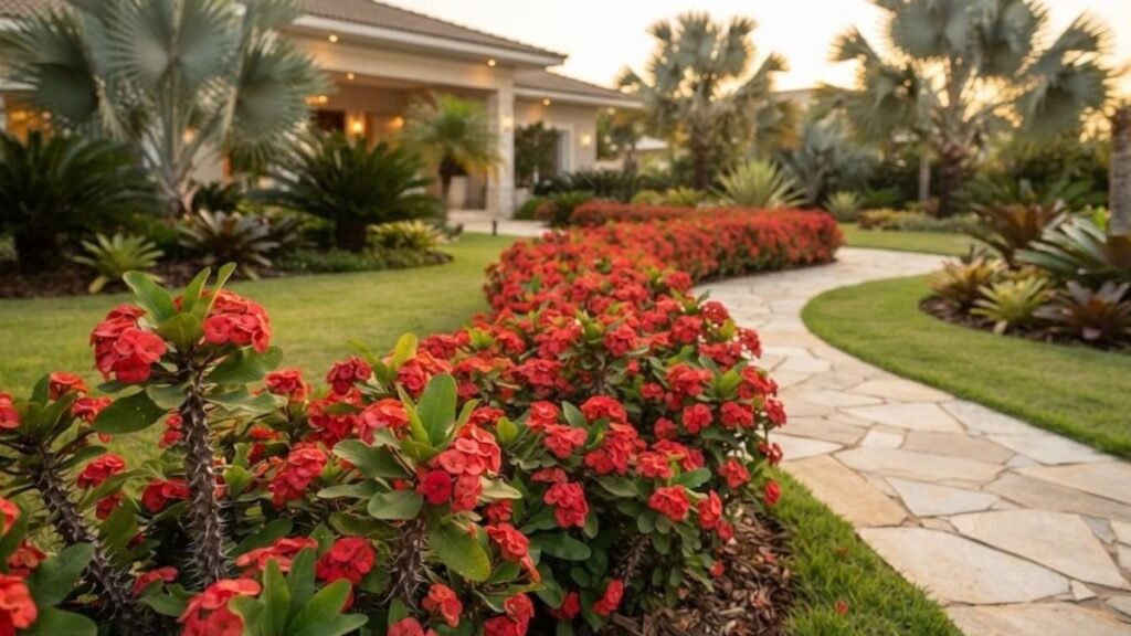 Planta coroa de cristo vermelha formando bordadura curva em jardim residencial