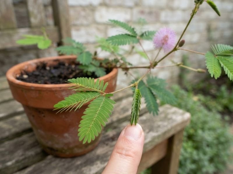 Folha da planta dormideira se fechando após um toque
