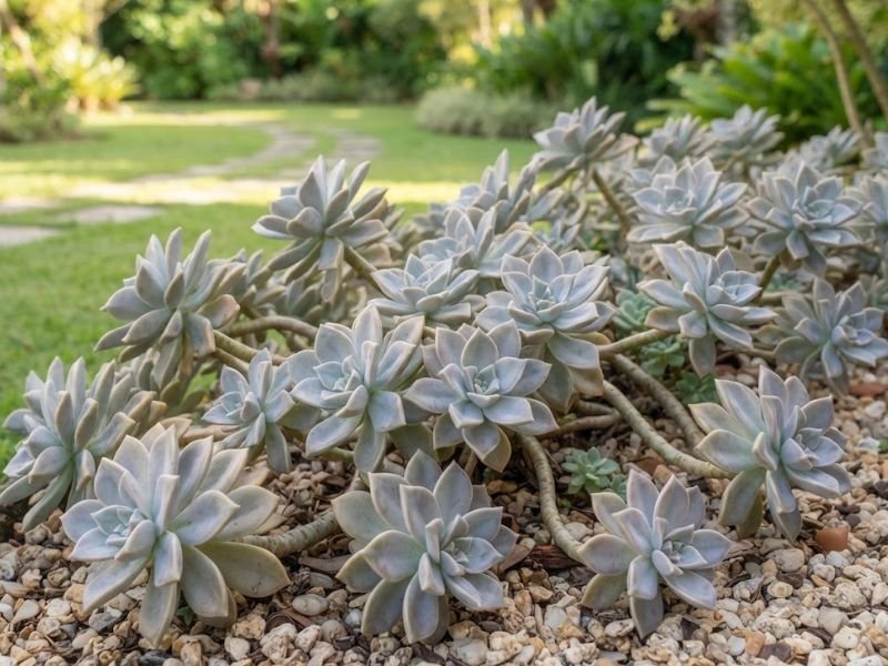 Planta fantasma com rosetas acinzentadas em jardim residencial