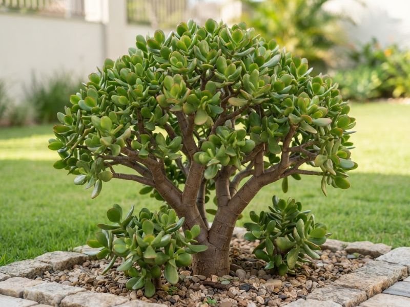 Planta jade adulta cultivada em canteiro de jardim residencial