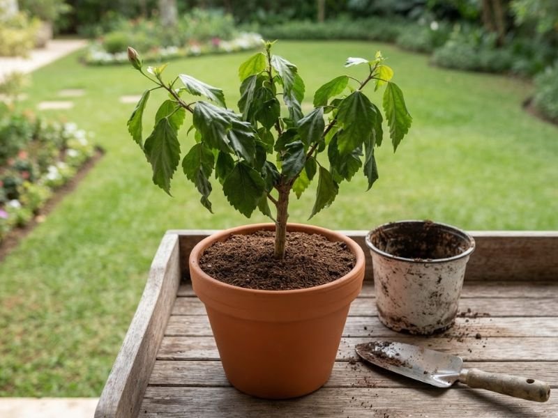 Hibisco com folhas murchas em vaso de barro após transplante, com ferramentas de jardinagem ao lado.