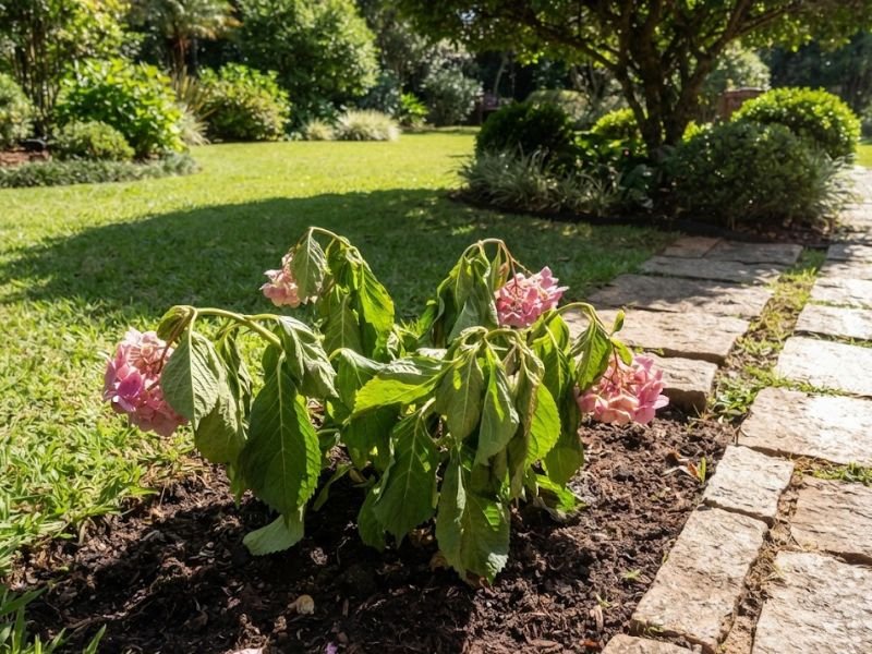 Hortênsia rosa com folhas e flores murchas em canteiro exposto ao sol forte.