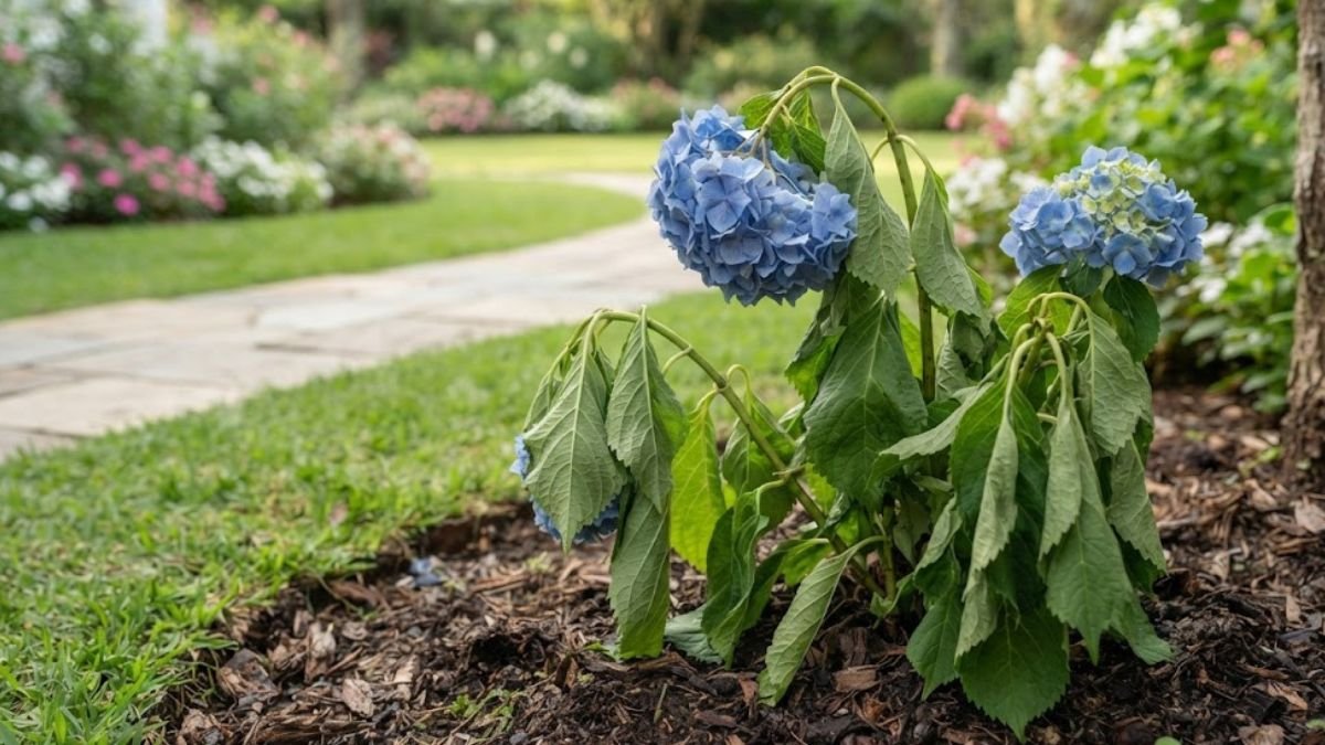 Planta murcha de hortênsia azul em canteiro de jardim residencial bem cuidado.