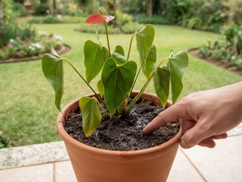 Mão verificando terra úmida em vaso com antúrio de folhas caídas.