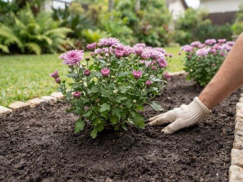 Mão com luva acomodando a terra ao redor de um crisântemo lilás plantado no canteiro.