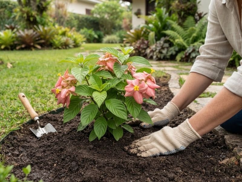 Pessoa com luvas acomodando a terra ao redor de uma muda de mussaenda rosa no canteiro.