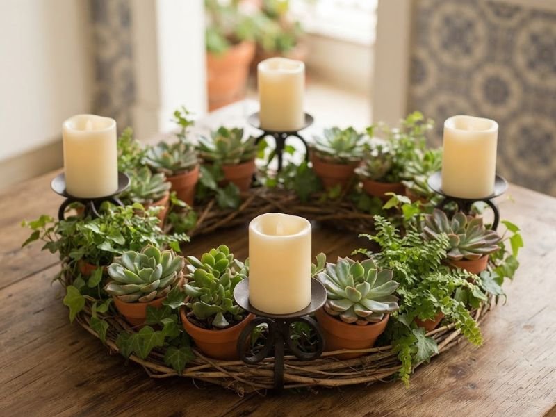 Coroa do Advento com quatro velas creme em suportes e pequenos vasos de suculentas e folhagens.