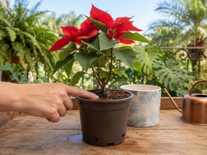 Mão verificando o substrato de uma poinsettia em vaso de cultivo, com cachepô separado e regador ao lado.