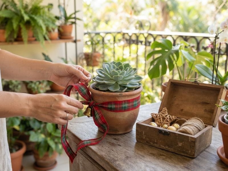 Mãos desatando uma fita natalina do vaso de uma echeveria, com uma caixa de enfeites ao lado.