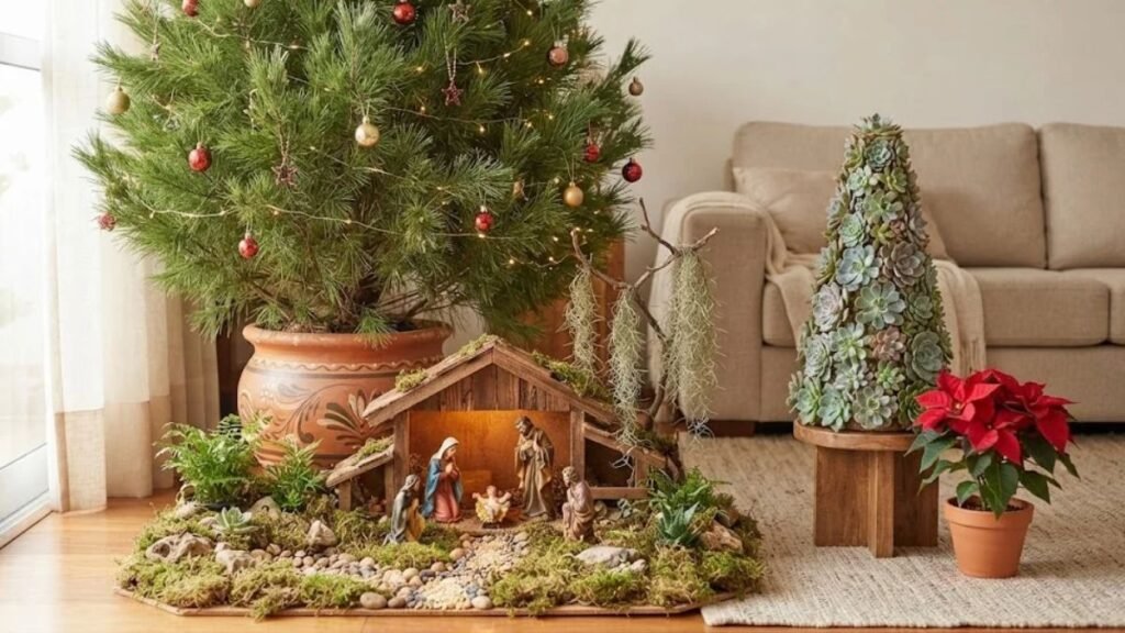 Plantas de Natal na sala com pinheiro natural, presépio sobre musgo, árvore de suculentas e poinsettia vermelha.