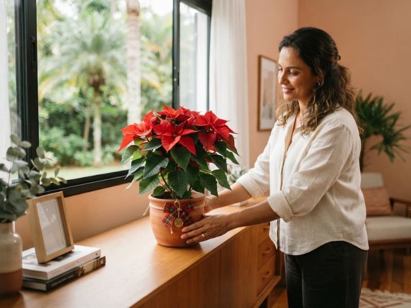 Mulher posicionando uma poinsettia vermelha sobre um aparador próximo de uma janela ampla.