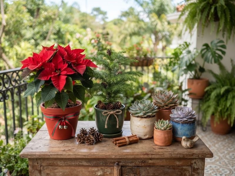 Poinsettia vermelha, pequeno pinheirinho e suculentas em vasos sobre um aparador na varanda.