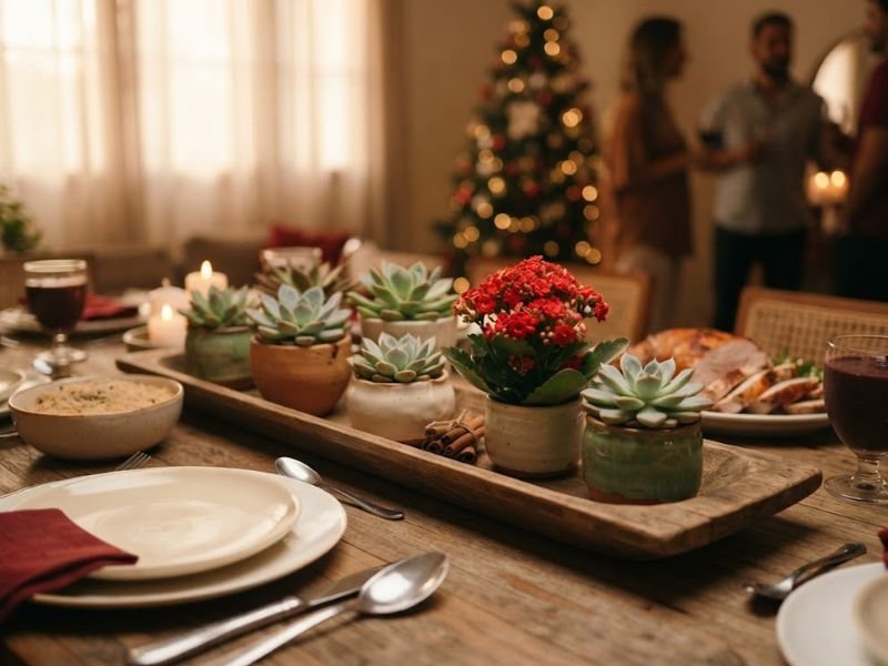 Bandeja com suculentas e kalanchoe vermelho em pequenos vasos no centro de uma mesa de Natal.