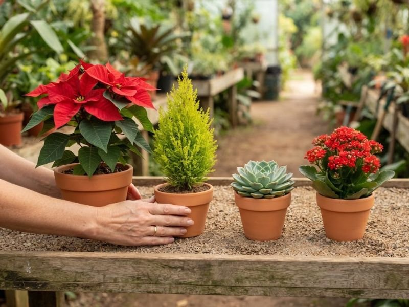 Mãos posicionando uma tuia ao lado de poinsettia, echeveria e kalanchoe em uma bancada de viveiro.