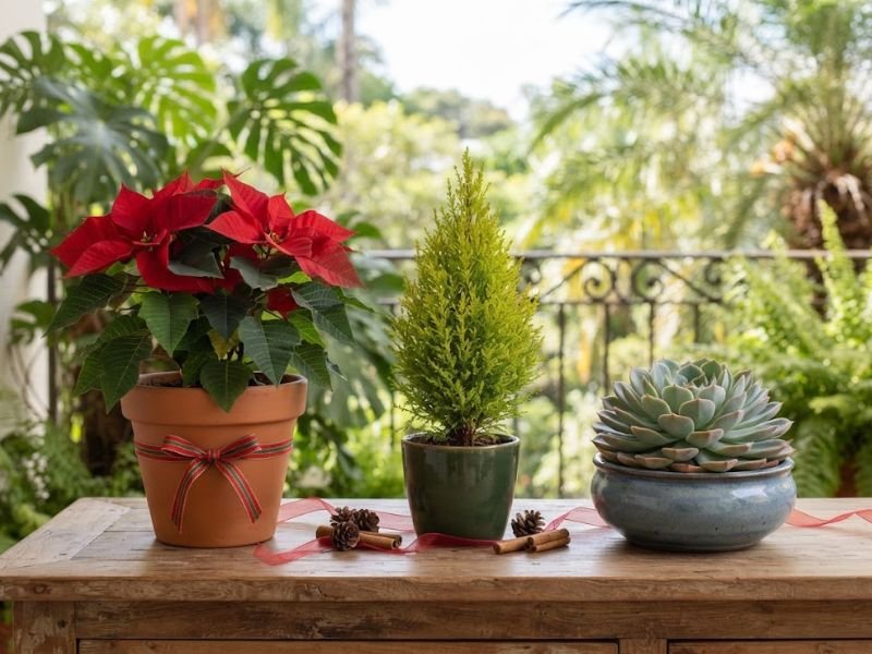 Poinsettia vermelha, pequena tuia e echeveria em vasos individuais alinhados sobre um móvel de madeira.