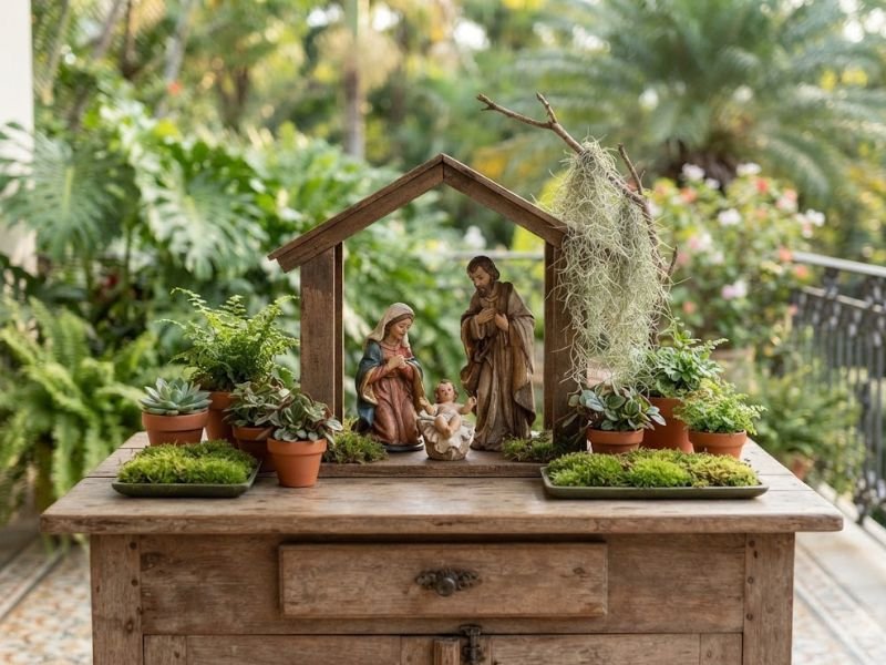 Presépio com Maria, José e menino Jesus, cercado por vasos de plantas, musgo e barba-de-velho pendente.