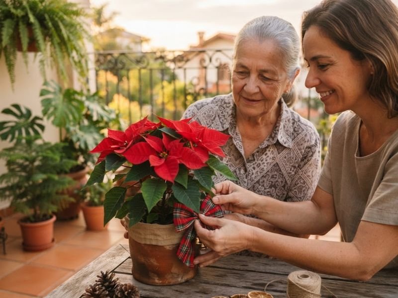 Duas mulheres de gerações diferentes ajeitando um laço no vaso de uma poinsettia vermelha.