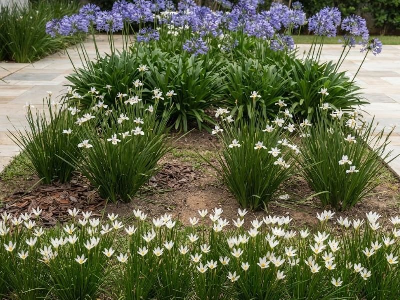 Plantas que precisam de pouca poda em canteiro com agapantos azul-violeta, moréias e lírios-do-vento brancos.