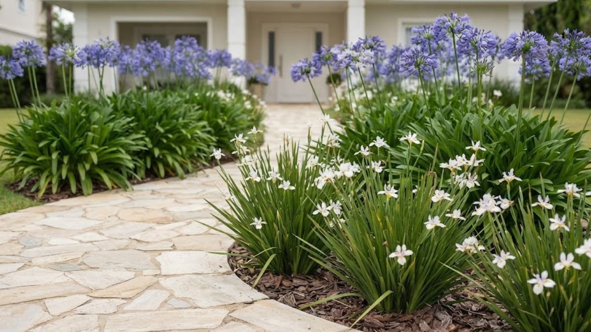Plantas que precisam de pouca poda: agapantos azul-violeta e moréias-brancas em canteiros junto à entrada da casa.