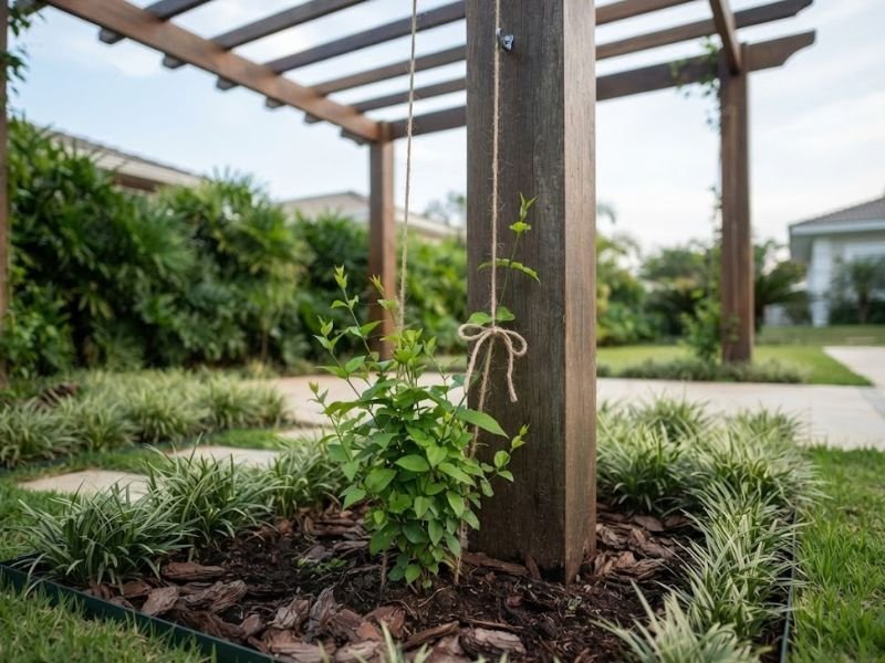 Muda de trepadeira plantada junto a um pilar de madeira e conduzida com amarrações.