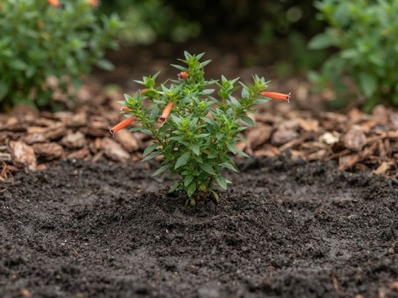 Muda de flor de Santo Antônio plantada em canteiro, com terra acomodada ao redor da base.