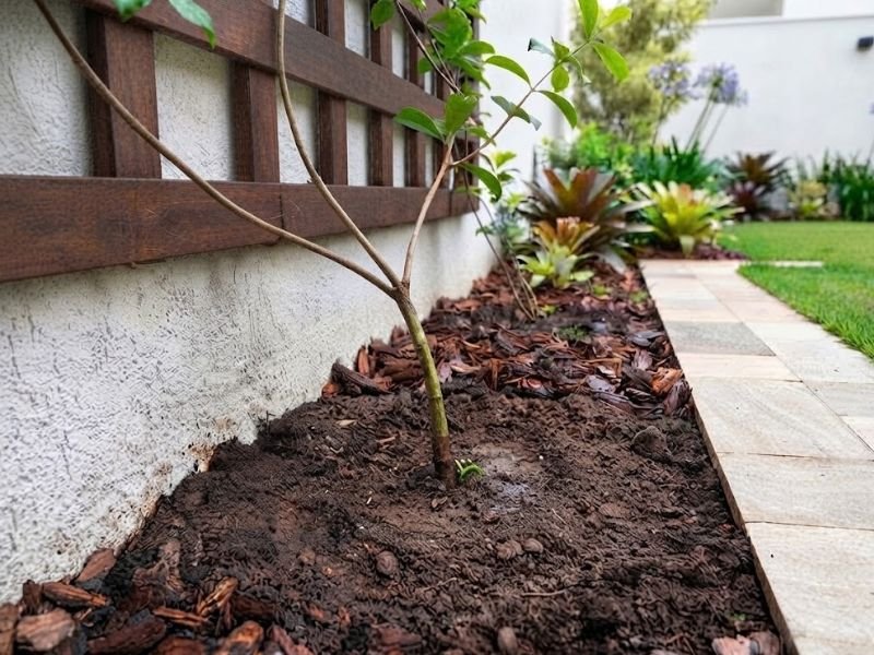 Base de uma trepadeira jovem em solo solto, com o caule livre e suporte próximo ao muro.