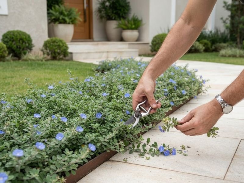Poda leve de flor azulzinha para manter a borda do canteiro organizada