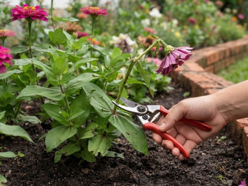 Mão segurando uma tesoura de poda junto à haste de uma zínia com flor deteriorada.