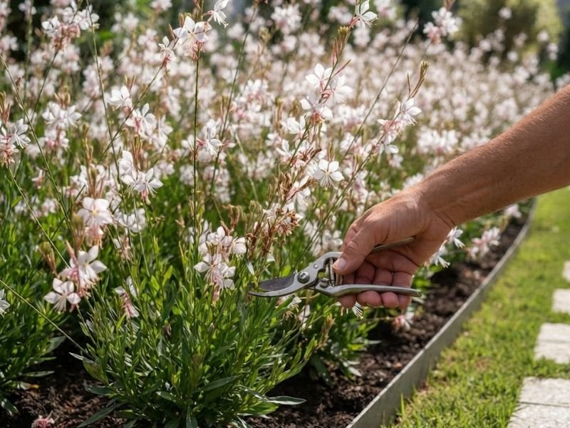 Mão segurando tesoura de poda próxima a uma haste floral envelhecida de gaura em um canteiro.