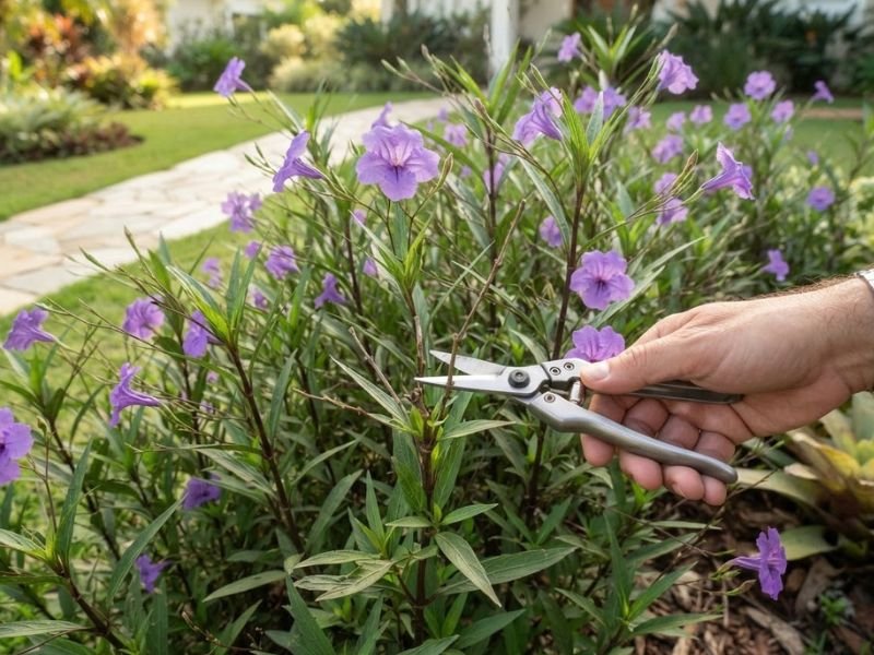 Mão segurando tesoura de poda junto a uma haste de ruélia, em canteiro com flores violetas.