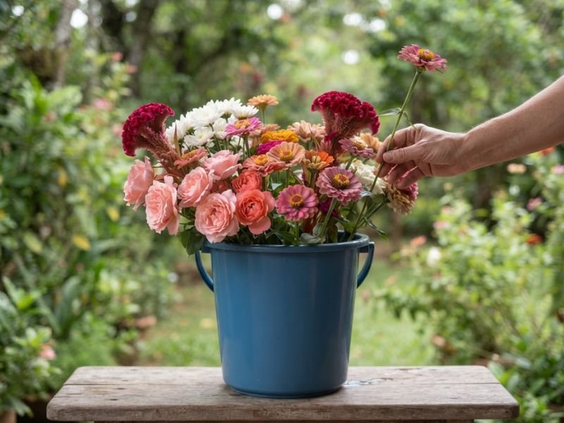 Mão acrescentando uma zínia a um balde azul com rosas, crisântemos e cristas-de-galo no jardim.
