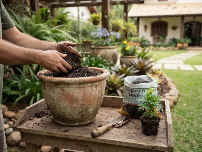 Mãos colocando substrato em vaso grande antes do plantio
