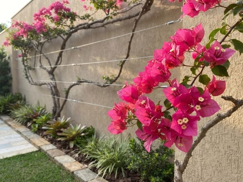 Ramo de primavera com brácteas magenta e pequenas flores claras diante de um muro com cabos.