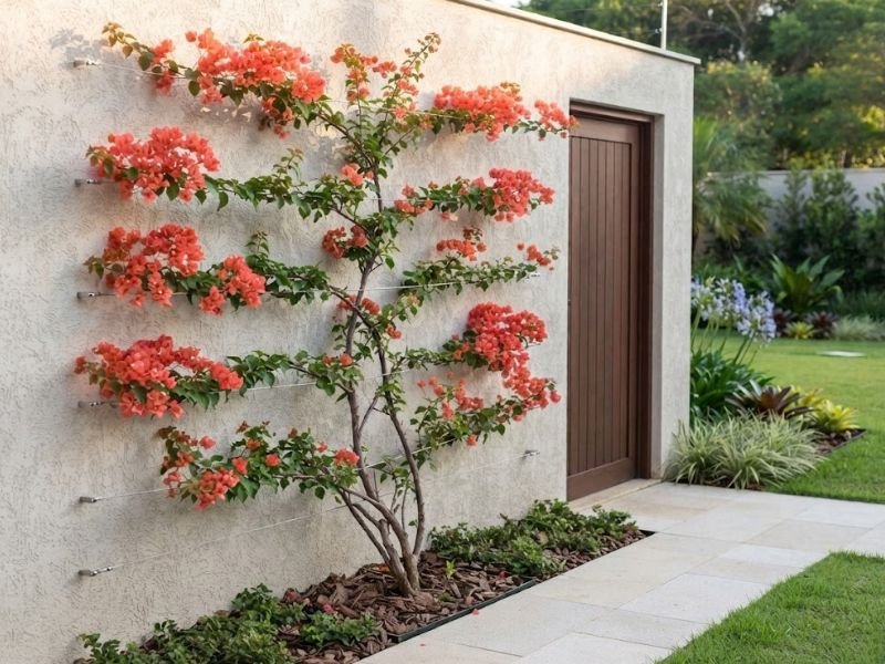 Primavera com brácteas coral conduzida em cabos horizontais sobre um muro claro.