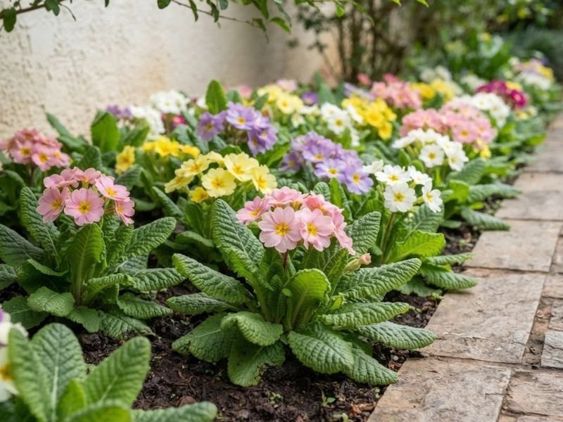 Prímulas ornamentais rosas, amarelas, brancas e lilases em canteiro protegido junto à parede residencial.