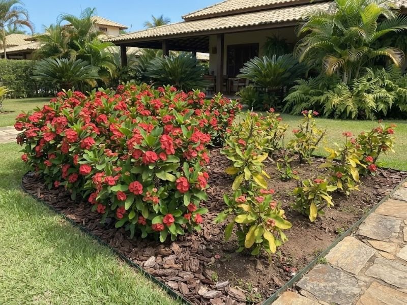 Coroa de cristo saudável ao lado de plantas com folhas amareladas