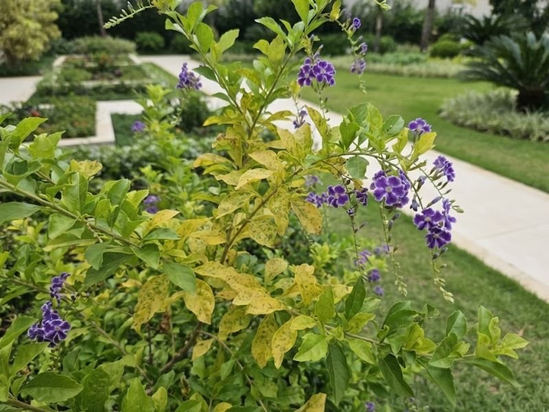Duranta com folhas amareladas e manchas causadas por problemas de cultivo