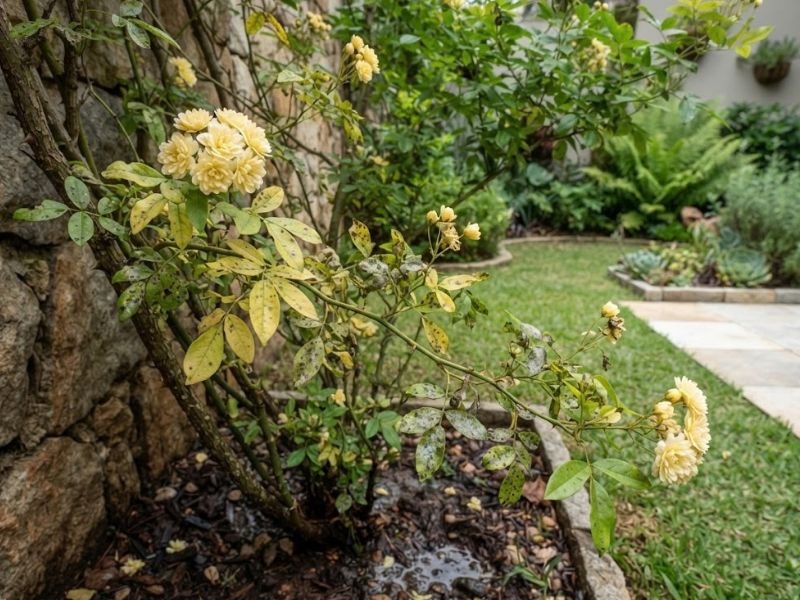 Rosa banksiae com folhas amareladas e manchas causadas por problemas de cultivo