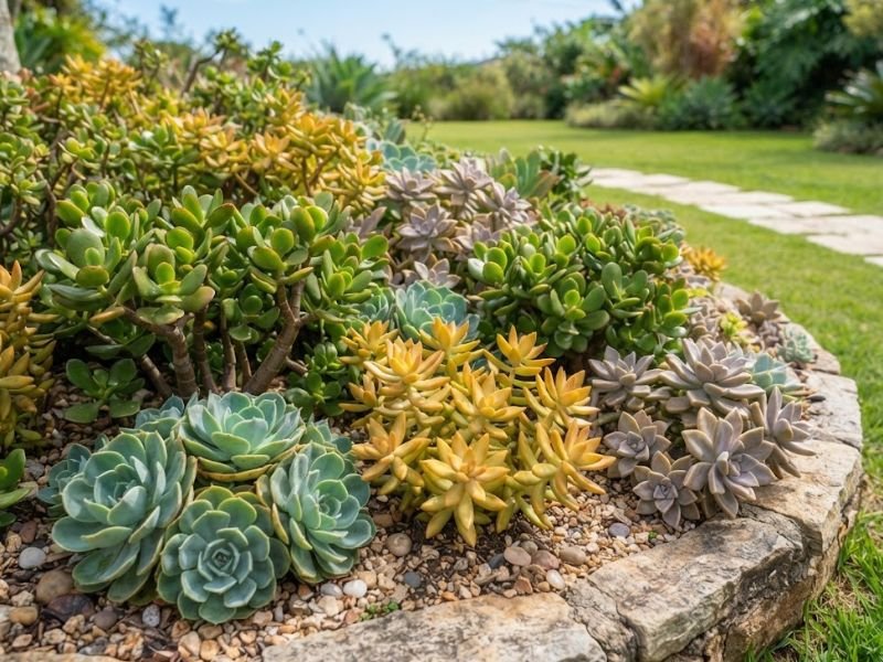 Canteiro com diferentes suculentas de sol pleno em jardim residencial