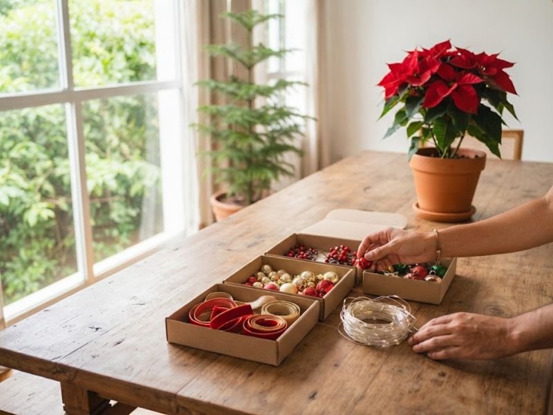 Mãos organizando bolas, fitas e luzes natalinas sobre uma mesa, com uma poinsettia vermelha ao fundo.