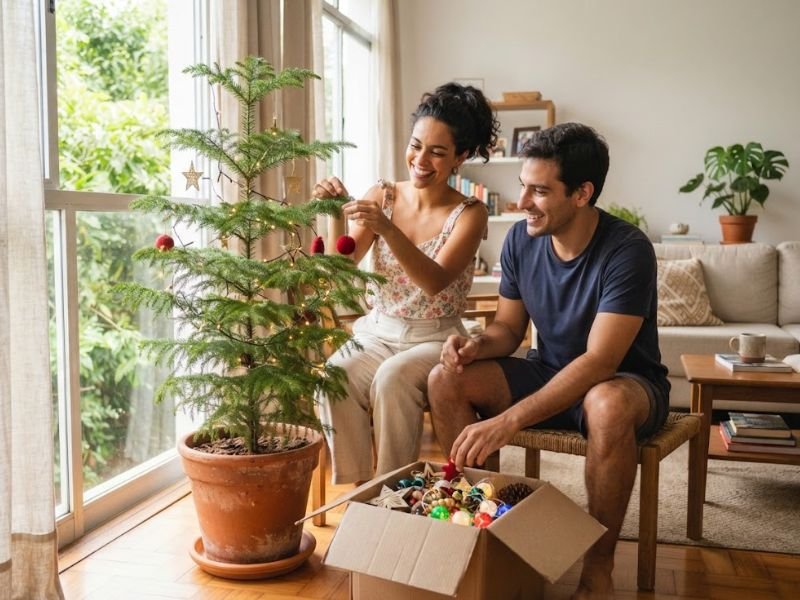 Casal decorando um pinheirinho natural em vaso próximo da janela, com uma caixa de enfeites aberta.