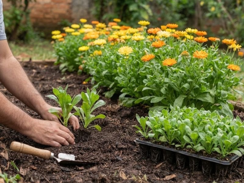 Mudas jovens de calêndula sendo transplantadas para canteiro com plantas adultas floridas ao fundo.