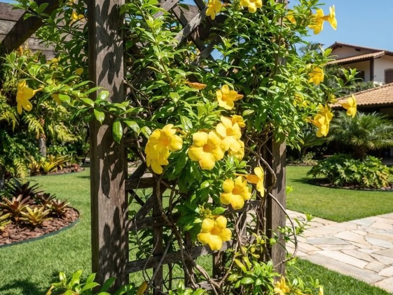 Alamanda amarela recebendo sol direto em treliça de madeira