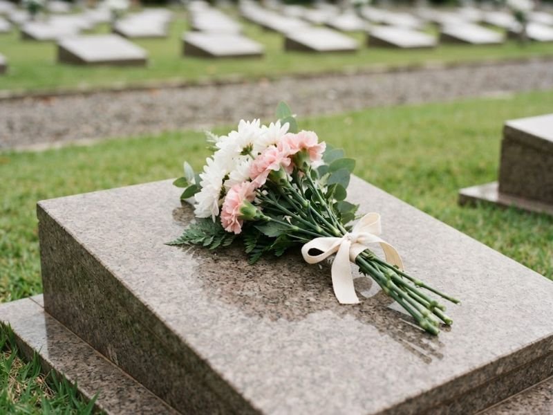 Ramalhete de flores brancas e rosa-claro com hastes amarradas por fita creme sobre uma sepultura.
