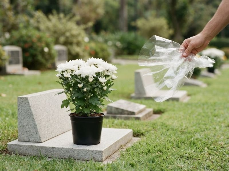 Mão segura uma embalagem retirada ao lado de um vaso de crisântemos brancos sobre uma sepultura.