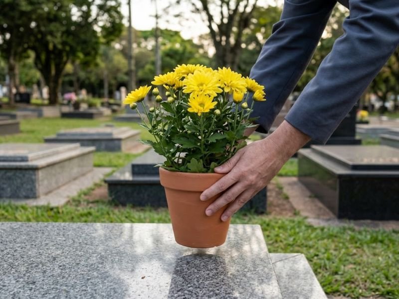 Pessoa segurando um vaso de crisântemos amarelos pouco acima da superfície de uma sepultura.