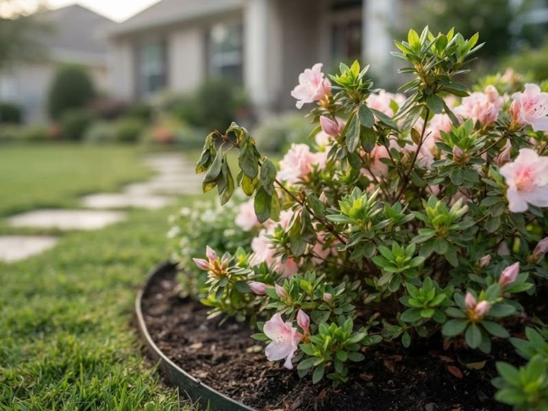 Azaleia rosa com um ramo murcho e outros ramos saudáveis e floridos no jardim.