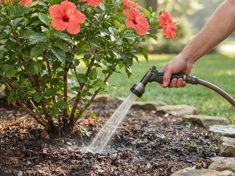 Mão segurando uma mangueira e regando o solo junto à base de um hibisco florido