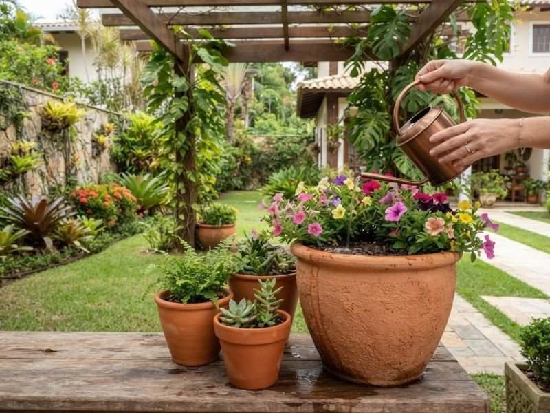 Mãos regando flores cultivadas em vaso grande sob pergolado no jardim