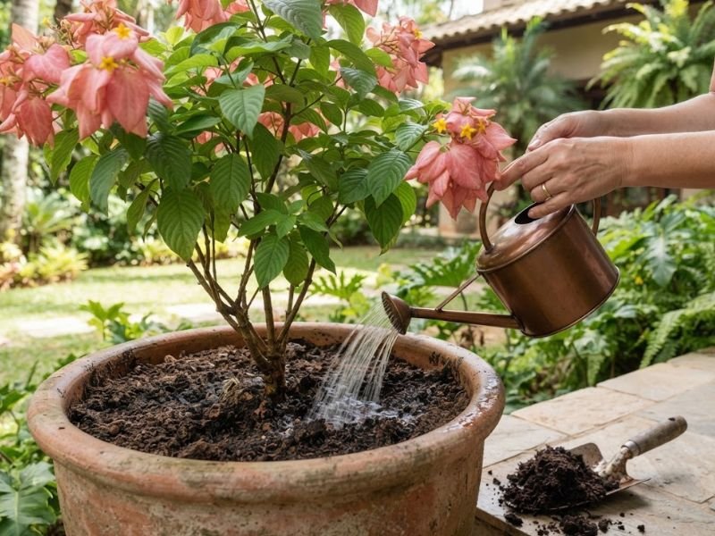 Pessoa regando o substrato de uma mussaenda rosa em vaso de cerâmica.